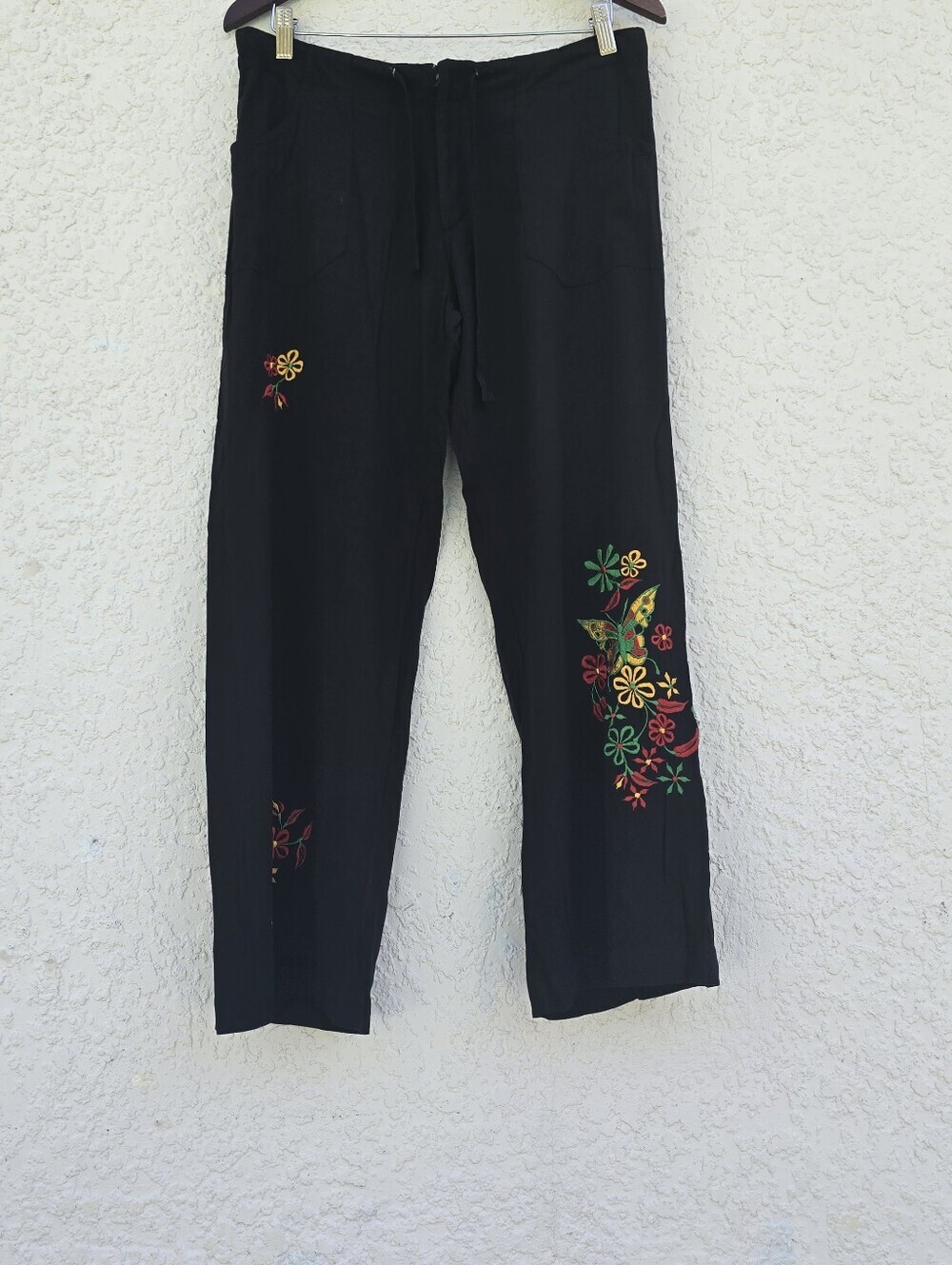 Hecho a Mano Indonesia Boho Embroidered Rayon Wide Leg Pants Black Size L